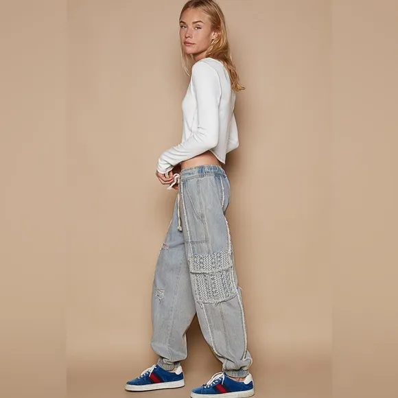 1 medium left! ✨ POL “Rebel Crochet Joggers” | Light Denim/Blue Crochet
