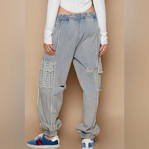 1 medium left! ✨ POL “Rebel Crochet Joggers” | Light Denim/Blue Crochet
