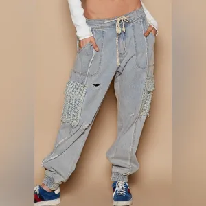 1 medium left! ✨ POL “Rebel Crochet Joggers” | Light Denim/Blue Crochet