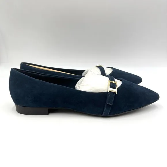 10 WIDE Bella Vita Evanna Navy Blue Suede Leather Point Toe Ballet Flats Shoes