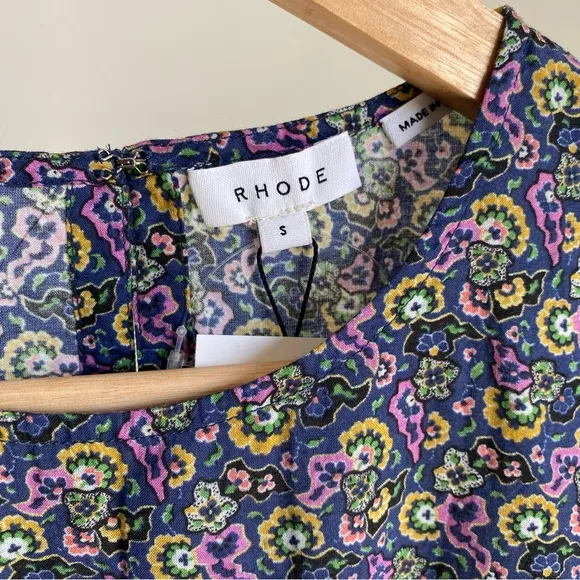 $495 NWT Rhode Ella Cotton Dress in Navy Mosaic Floral Sz Small