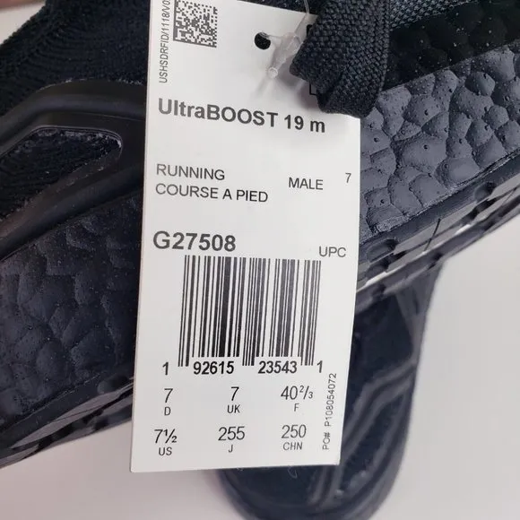 Adidas Ultraboost 19M Triple Black Athletic Running Shoe Men's Size 7.5  G27508
