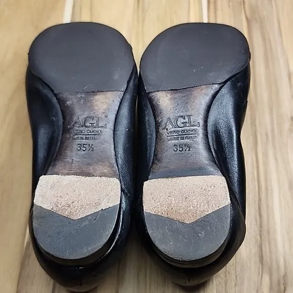 AGL MONIKA CAP TOE BALLET BLACK FLATS LEATHER/PATENT LEATHER BUCKLE 35.5