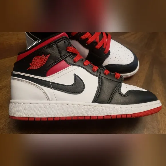 Air Jordan 1 Mid White Gym Red Black - Youth Size 4.5Y / Women's Size 6