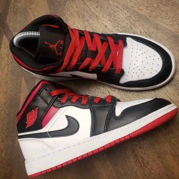 Air Jordan 1 Mid White Gym Red Black - Youth Size 4.5Y / Women's Size 6