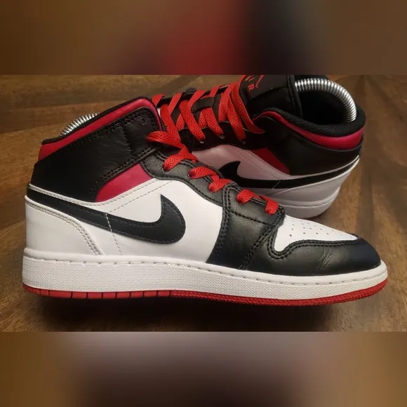 Air Jordan 1 Mid White Gym Red Black - Youth Size 4.5Y / Women's Size 6
