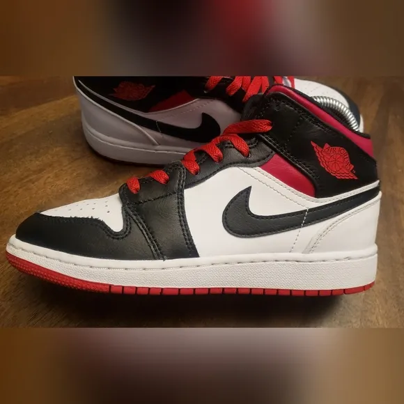 Air Jordan 1 Mid White Gym Red Black - Youth Size 4.5Y / Women's Size 6