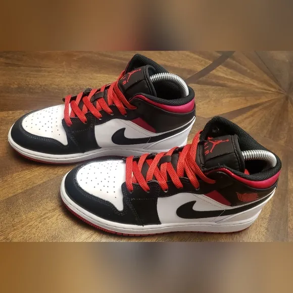 Air Jordan 1 Mid White Gym Red Black - Youth Size 4.5Y / Women's Size 6