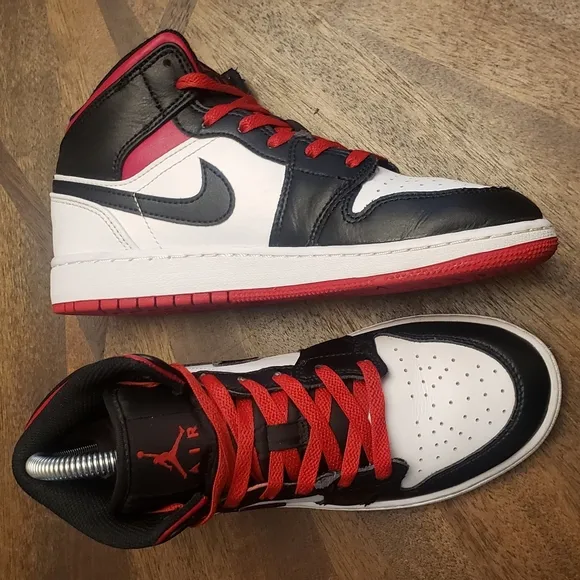 Air Jordan 1 Mid White Gym Red Black - Youth Size 4.5Y / Women's Size 6