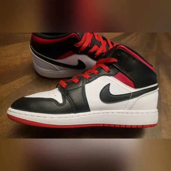 Air Jordan 1 Mid White Gym Red Black - Youth Size 4.5Y / Women's Size 6