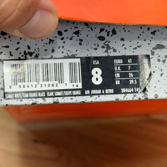 Air Jordan 6 Retro 384664145 Mens Sneaker Sz 8 White Orange Black Athletic Shoes