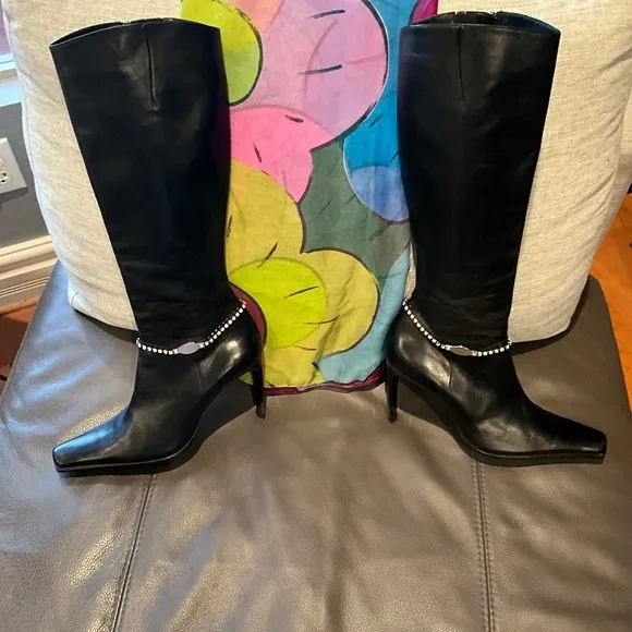 ALDO Black Real Leather Whimsigoth Edgy Knee High Heeled Rhinestone Boots 9/EU40