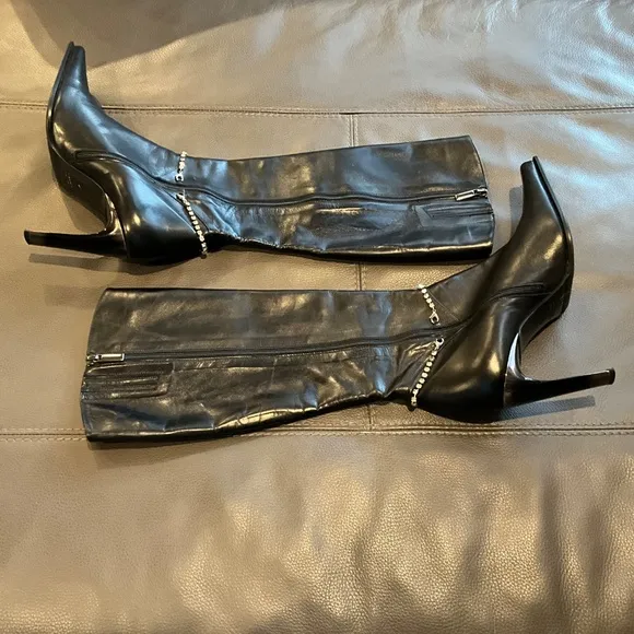 ALDO Black Real Leather Whimsigoth Edgy Knee High Heeled Rhinestone Boots 9/EU40