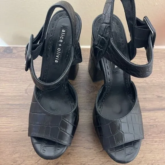 Alice   Olivia Black Croc-Embossed Platform Heels