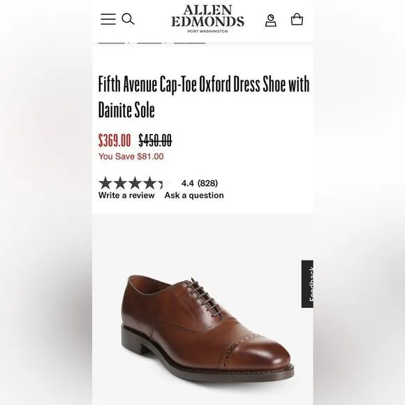 🔥🔥 ALLEN EDMONDS Fifth Avenue Cap-Toe Oxford Dress Shoe Size 9.5 C - EXCELLENT