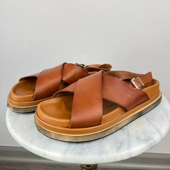 ALOHAS Leather Marshmallow Crossover Strap Platform Sandals in Tan (Sz 9)