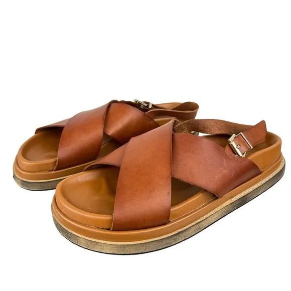 ALOHAS Leather Marshmallow Crossover Strap Platform Sandals in Tan (Sz 9)