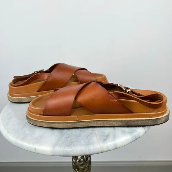 ALOHAS Leather Marshmallow Crossover Strap Platform Sandals in Tan (Sz 9)
