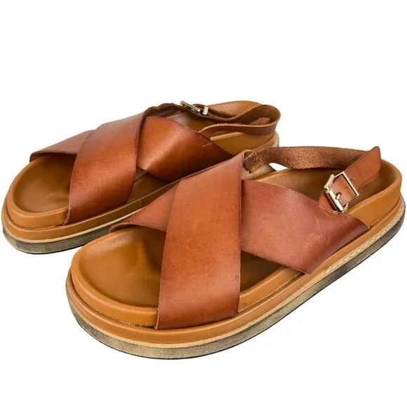 ALOHAS Leather Marshmallow Crossover Strap Platform Sandals in Tan (Sz 9)