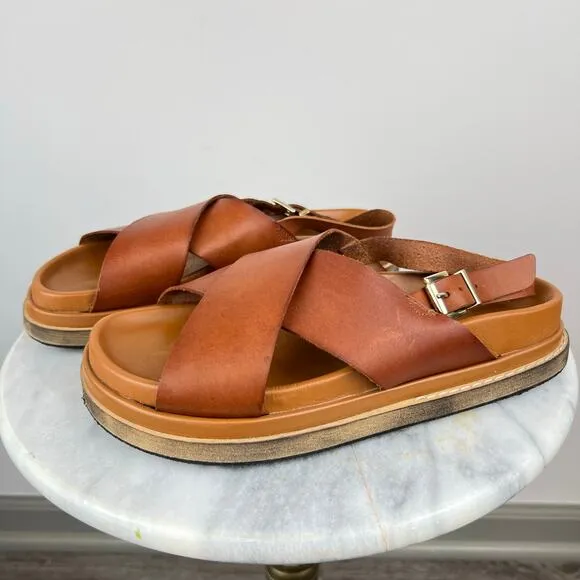 ALOHAS Leather Marshmallow Crossover Strap Platform Sandals in Tan (Sz 9)