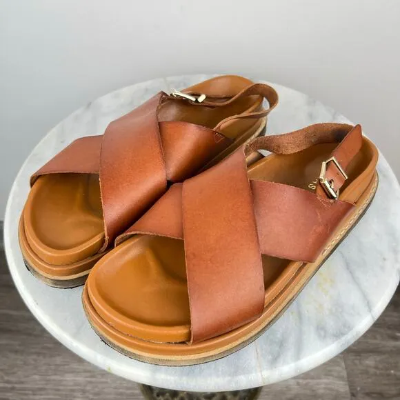 ALOHAS Leather Marshmallow Crossover Strap Platform Sandals in Tan (Sz 9)