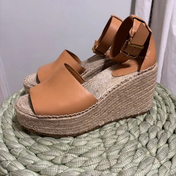 &amp; Other Stories Beige Tan Leather Open Toe Platform Wedge Espadrille Sandals