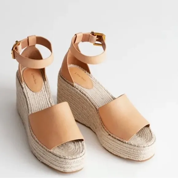 &amp; Other Stories Beige Tan Leather Open Toe Platform Wedge Espadrille Sandals