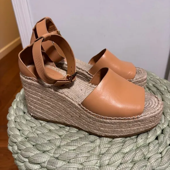 &amp; Other Stories Beige Tan Leather Open Toe Platform Wedge Espadrille Sandals
