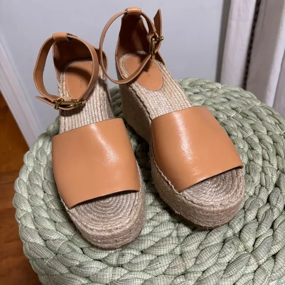 &amp; Other Stories Beige Tan Leather Open Toe Platform Wedge Espadrille Sandals