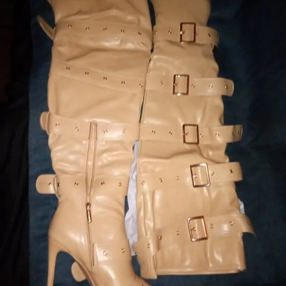 &quot; BUCKLED  UP BABE  &quot;  Over The Knee Heeled Boots - Nude ( BRAND NEW !!!!!!