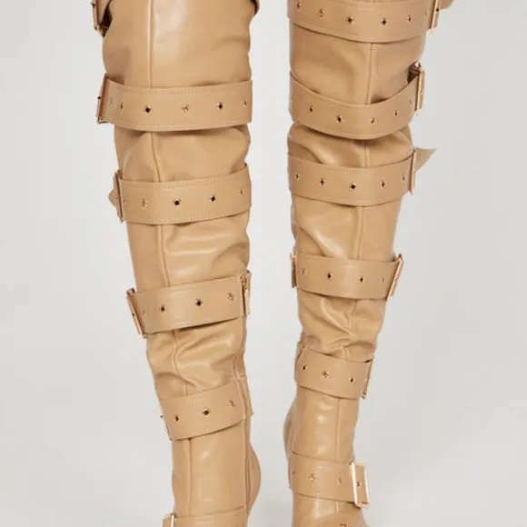 &quot; BUCKLED  UP BABE  &quot;  Over The Knee Heeled Boots - Nude ( BRAND NEW !!!!!!
