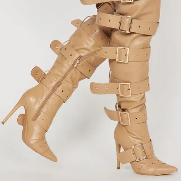 &quot; BUCKLED  UP BABE  &quot;  Over The Knee Heeled Boots - Nude ( BRAND NEW !!!!!!
