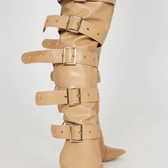 &quot; BUCKLED  UP BABE  &quot;  Over The Knee Heeled Boots - Nude ( BRAND NEW !!!!!!