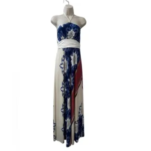 Analili Women’s M Halter Maxi Dress Boho Geometric Print Blue White Flowy