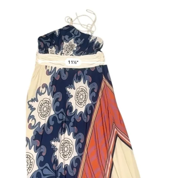 Analili Women’s M Halter Maxi Dress Boho Geometric Print Blue White Flowy
