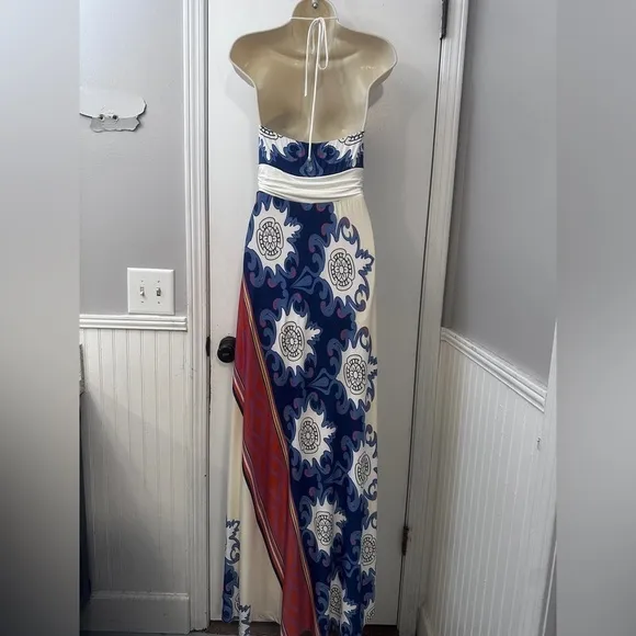 Analili Women’s M Halter Maxi Dress Boho Geometric Print Blue White Flowy