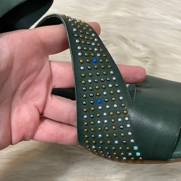 Antelope Birdie Turquoise Studded Green Leather Open Toe Strappy Heeled Sandals