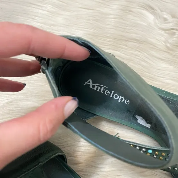 Antelope Birdie Turquoise Studded Green Leather Open Toe Strappy Heeled Sandals