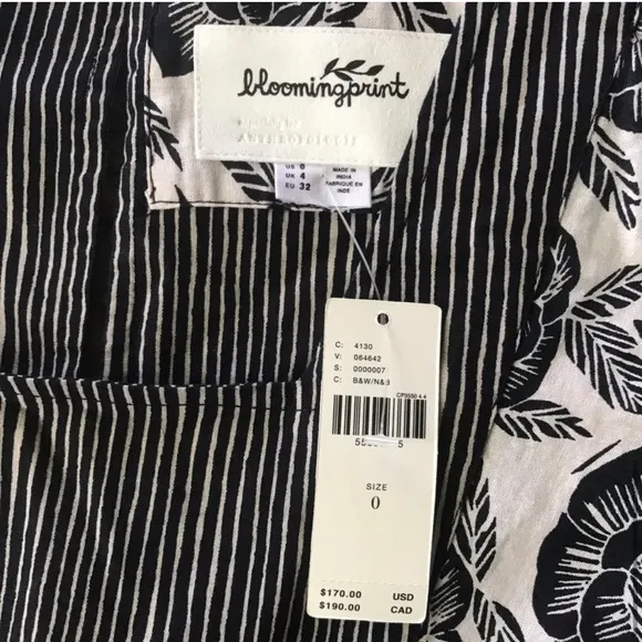 Anthropologie Adrienne Flounced Midi Dress Size XS Black &amp; Whie Bohemian