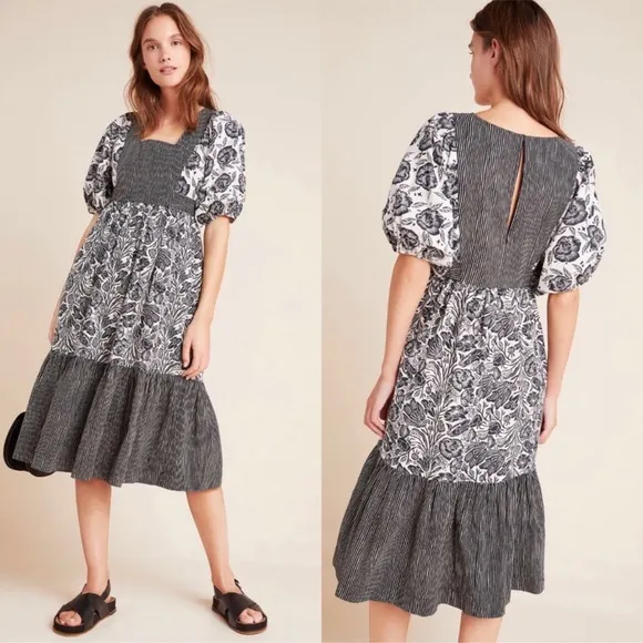 Anthropologie Adrienne Flounced Midi Dress Size XS Black &amp; Whie Bohemian