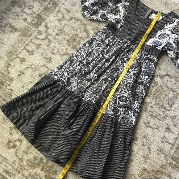 Anthropologie Adrienne Flounced Midi Dress Size XS Black &amp; Whie Bohemian