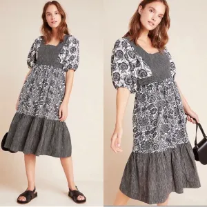 Anthropologie Adrienne Flounced Midi Dress Size XS Black &amp; Whie Bohemian