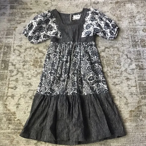 Anthropologie Adrienne Flounced Midi Dress Size XS Black &amp; Whie Bohemian
