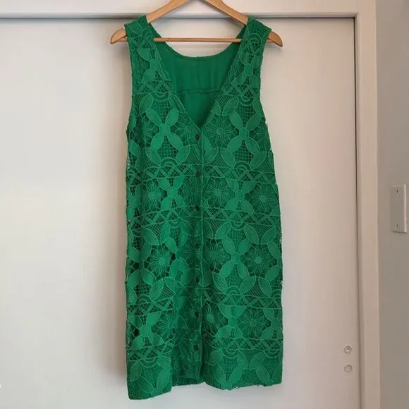 ANTHROPOLOGIE Eyelet Lace Mini Summer Dress Kelly Green Large