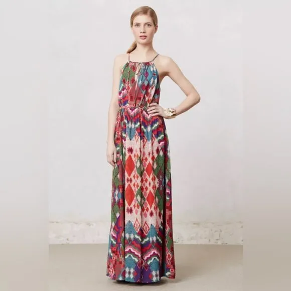 Anthropologie Maeve Tarana Flowy Colorful Ikat Print Maxi Dress Size 12