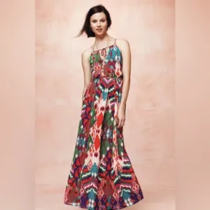 Anthropologie Maeve Tarana Flowy Colorful Ikat Print Maxi Dress Size 12