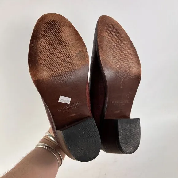 Anthropologie Wolverine Alice women's size 7.5 burgandy leather embossed booties