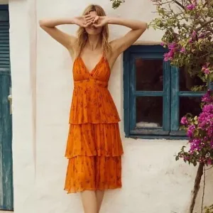 ANTHROPOLOGIE x GUAPA Pamela Tiered Halter Midi Dress Orange {Q19}