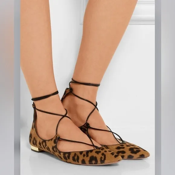 Aquazzura Christy Lace up pony calf hair leopard ballet flats shoes 39 8.5 9