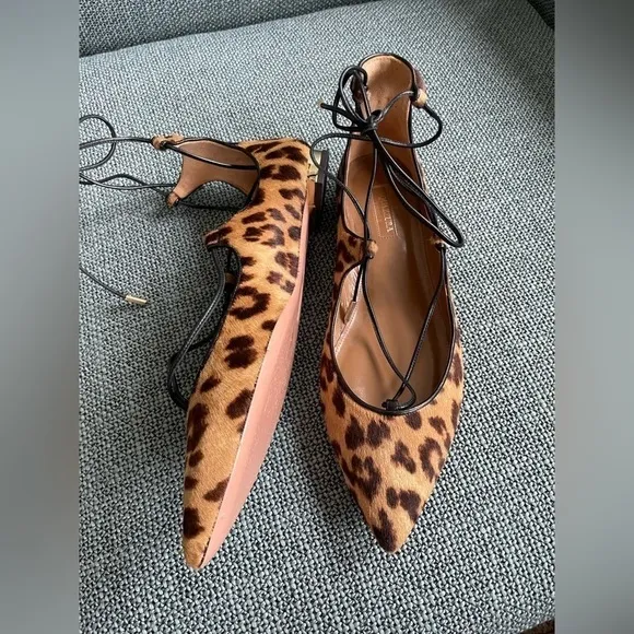 Aquazzura Christy Lace up pony calf hair leopard ballet flats shoes 39 8.5 9